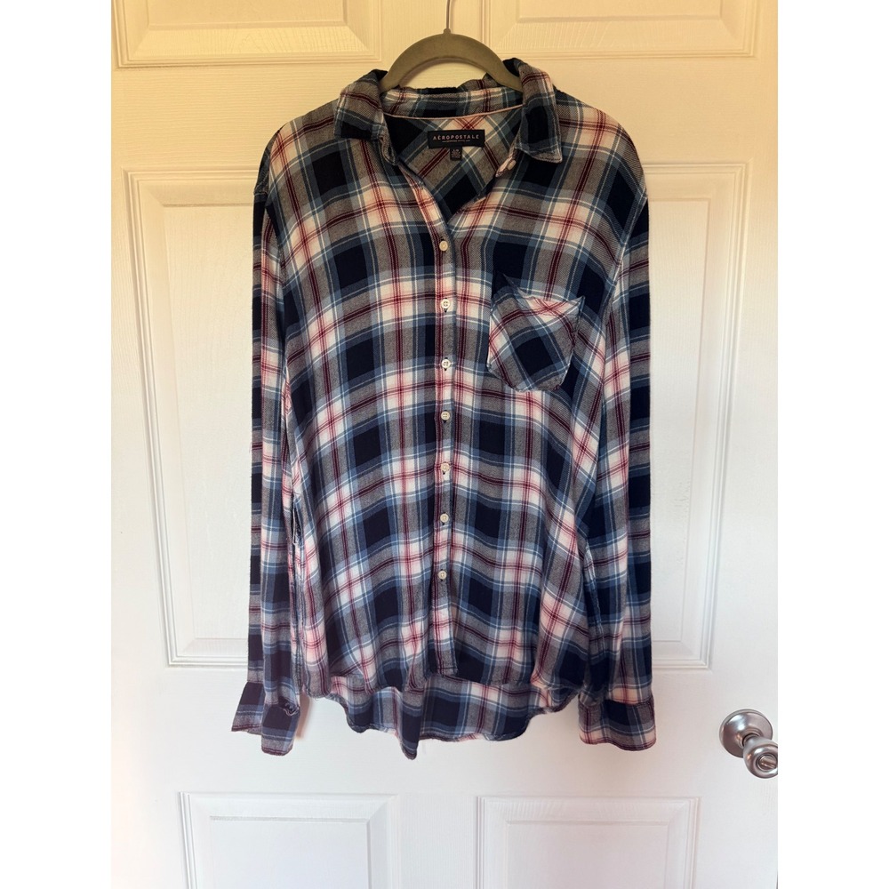 Aeropostale Womens Large Navy Blue Red Plaid Button Down Flannel Shirt L